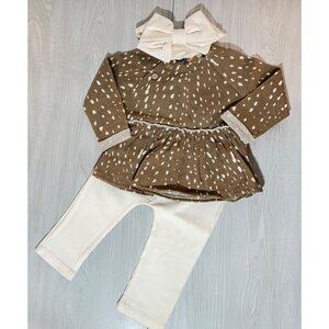 Mud Pie 9-12m NWT fawn deer tunic leggings headband bow set cream tan rib peplum